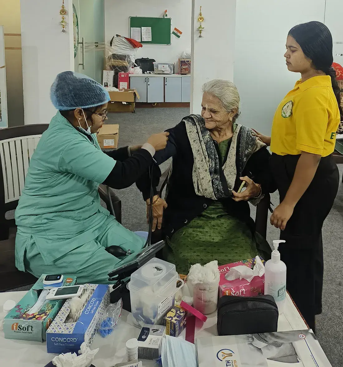 Residents receiving essential health services such as blood pressure monitoring, diabetes screening, and dental checkups at Ashirwad Elders Home during the Yatharth Health camp